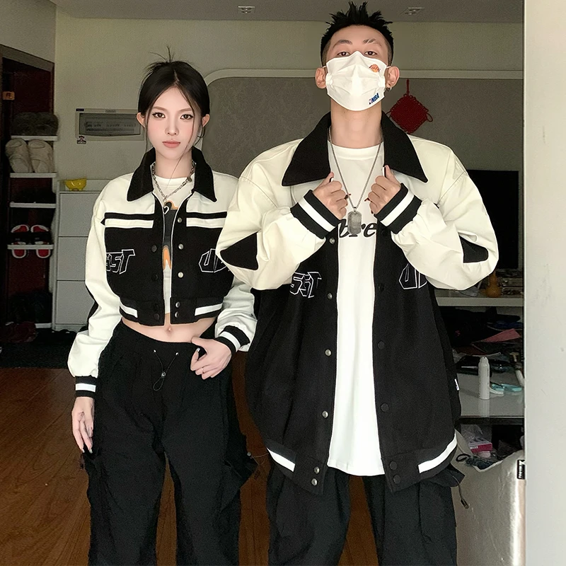 情侣装秋季韩版百搭拼色男女棒球服夹克男女一长一短长袖外套潮