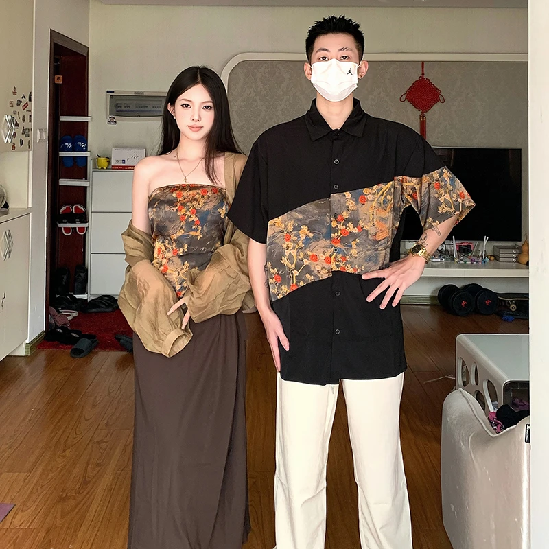 新中式国风情侣装夏季复古印花女时尚套装男短袖衬衫一裙一衣潮