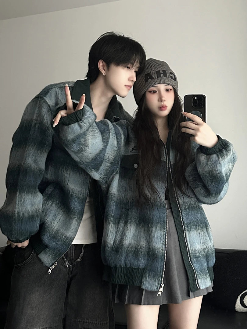 情侣装秋冬港风复古拼接长袖格子外套男女潮流毛呢渐变夹克上衣潮