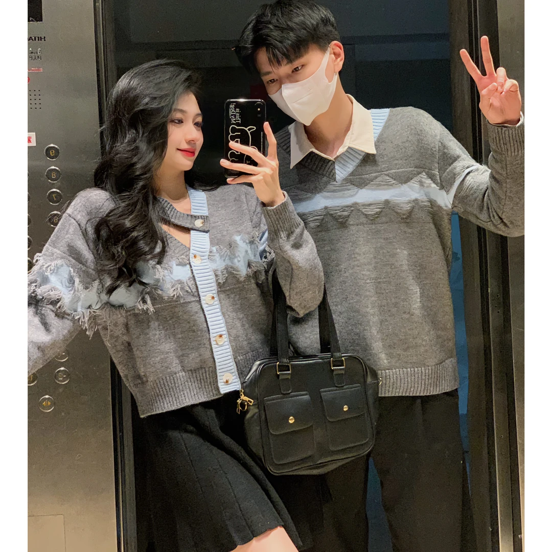 情侣装秋冬复古小香风设计感网红撞色宽松百搭毛衣针织开衫