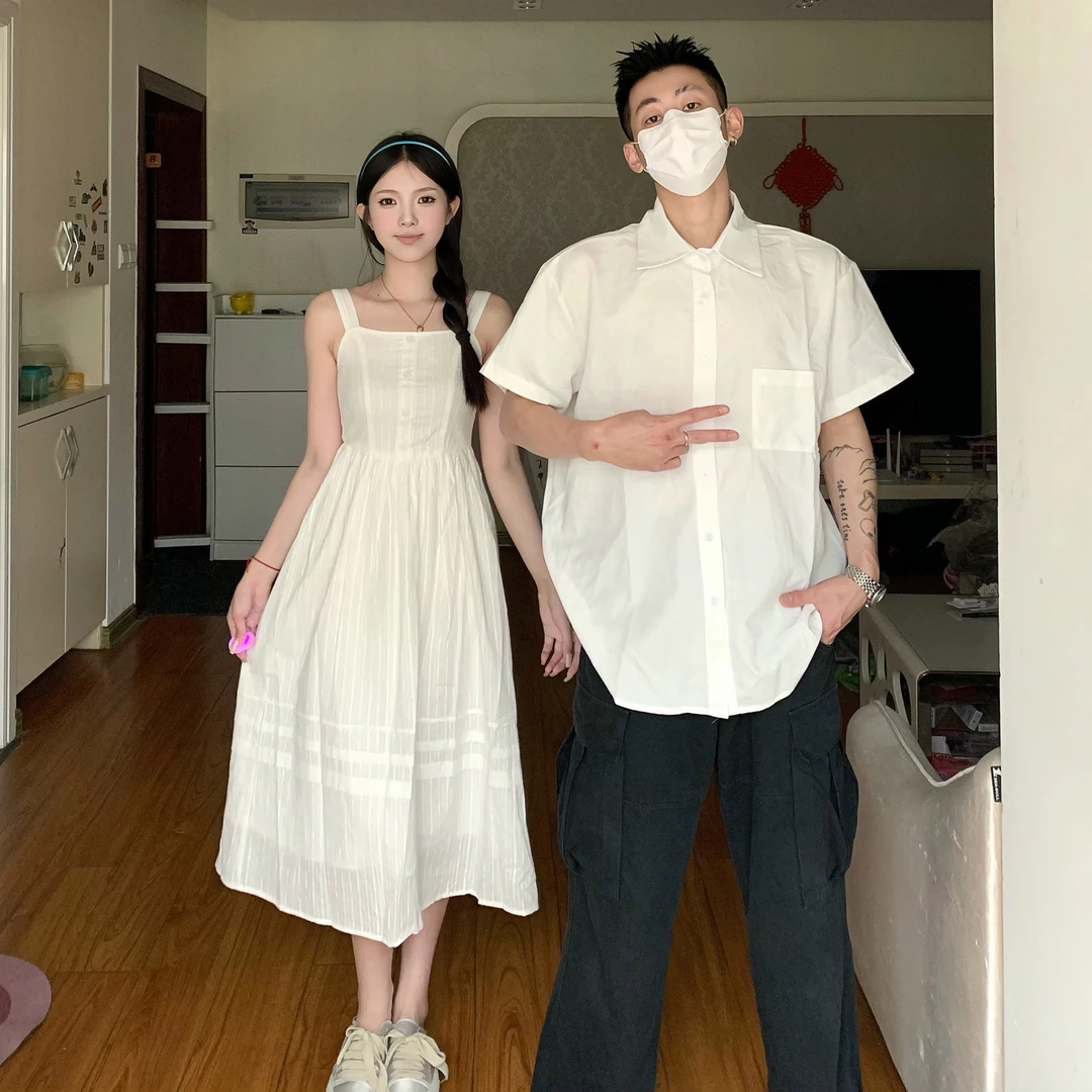 情侣装夏季新款简约学院风收腰显瘦女连衣裙男短袖衬衫一裙一衣