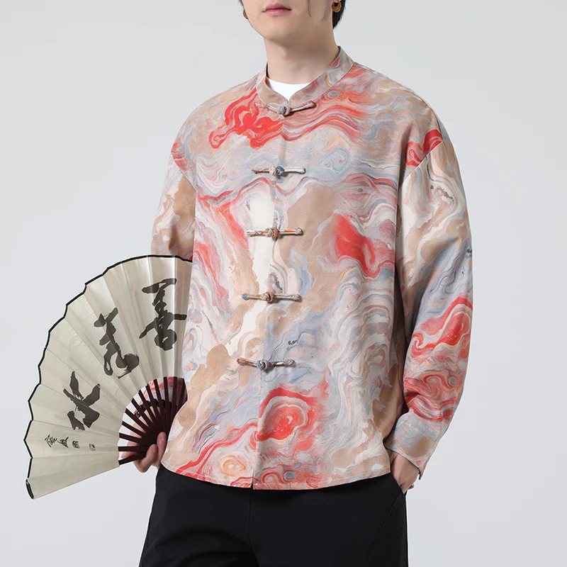 新中式中国风春秋印花表演盘扣红色唐装长袖衬衫汉服大码古装上衣