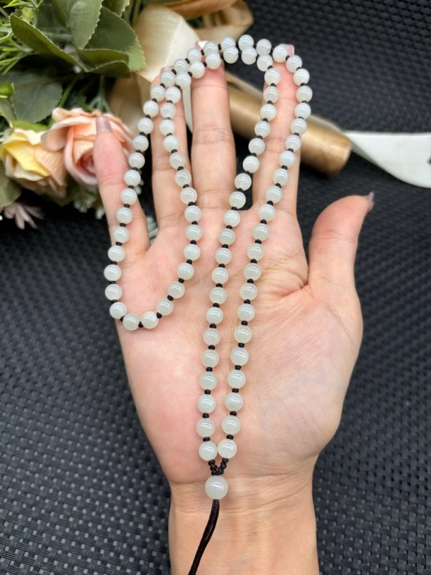 高档天然新疆和田玉白玉圆珠6mm暖白色玉石专用吊坠绳长链百搭款