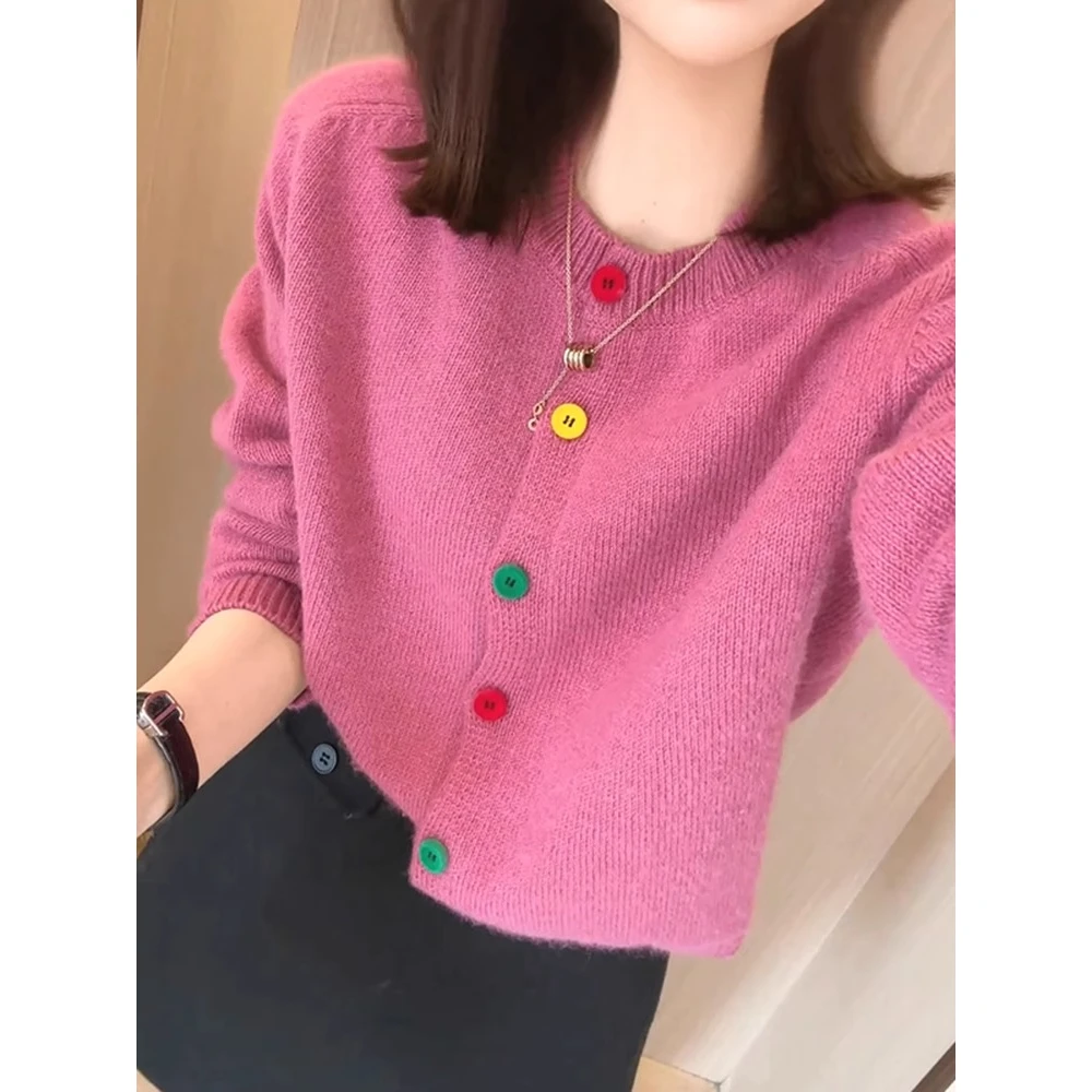 春秋设计感温柔显瘦毛衣外套外搭上衣法式复古圆领彩扣针织开衫女