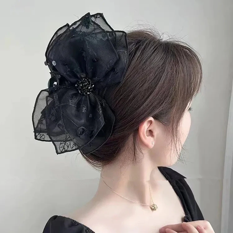 蝴蝶结抓夹大号鲨鱼夹发夹女新款后脑勺盘发发抓头饰蕾丝气质百搭