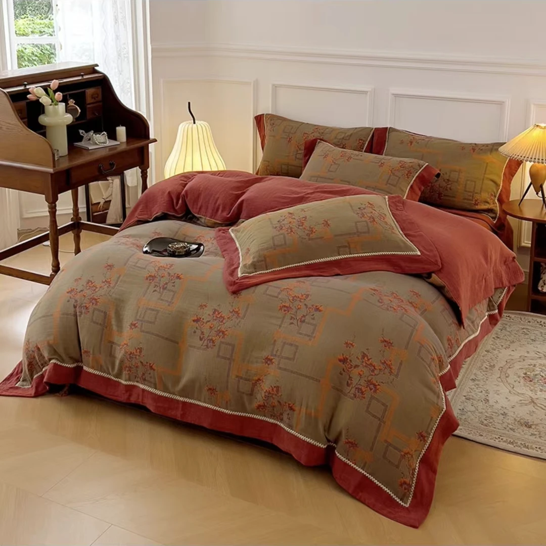 【梦莎专属】全棉色织精梳棉四层纱立体提花四件套--岸芷汀兰