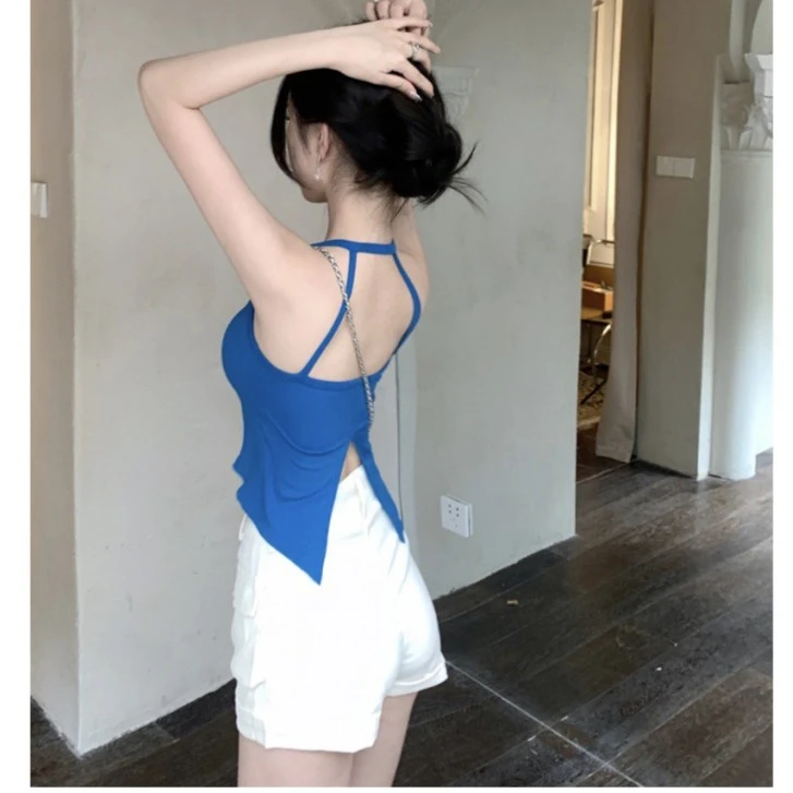 辣妹露背内搭外穿性感别致带·胸垫开衩美背吊带小背心