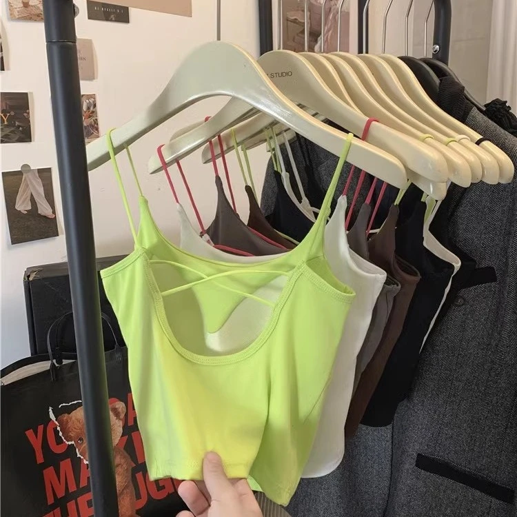 搭纯棉撞色交叉露背吊带美背内衣带胸垫可外穿内搭修身