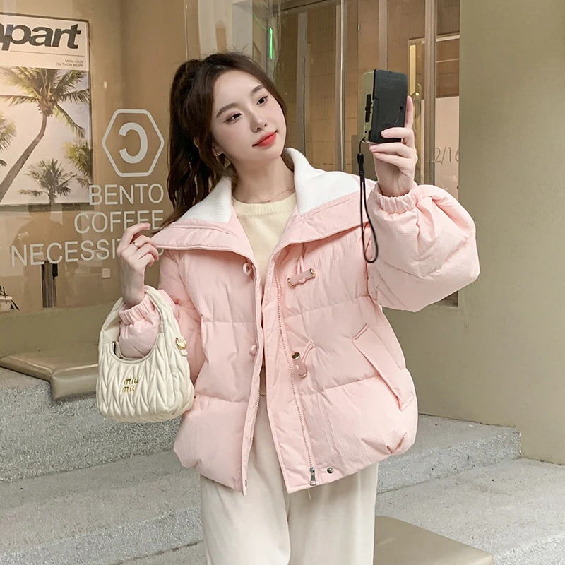 粉色针织领羽绒棉服女冬季加厚外套今年流行的甜美减龄小个子棉袄
