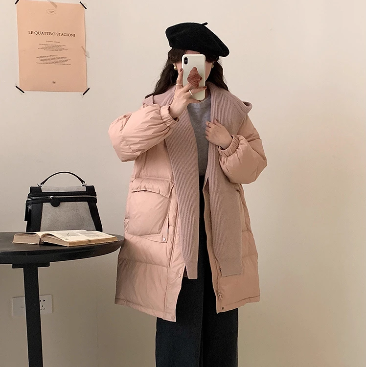 冬季新款糖果针织帽围巾韩版时尚宽松羽绒棉服中长款面包服外套女