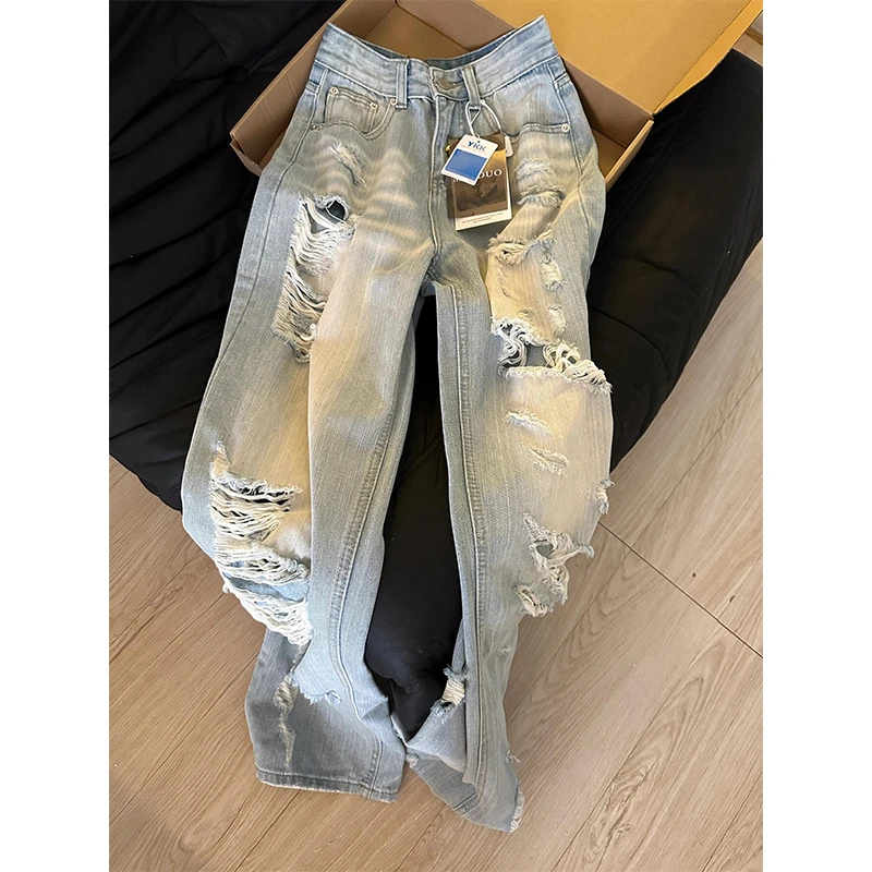 夏季175高个子高腰直筒破洞牛仔裤女显瘦薄款女士辣妹拖地乞丐裤