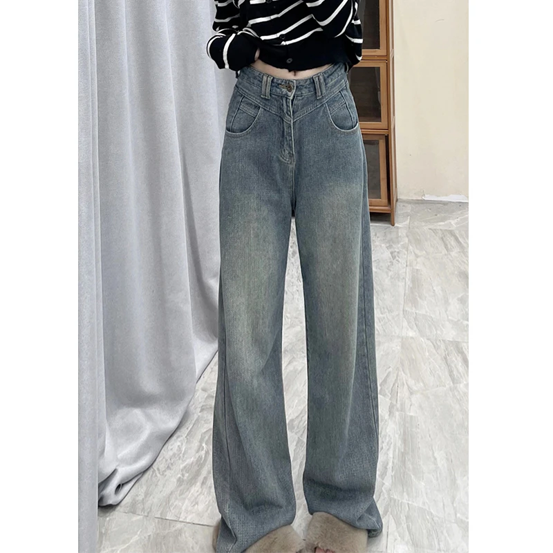 春季显瘦阔腿拖地裤175高个子加长180高腰宽松直筒星空纹牛仔裤女