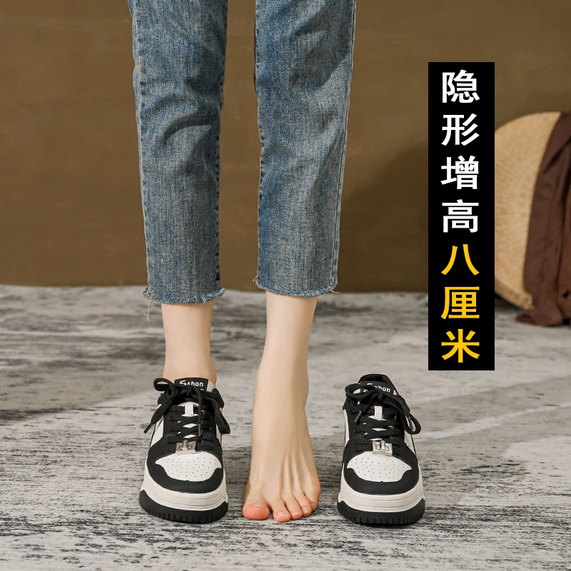 内增高小白鞋女2023新款秋冬加绒百搭真皮运动板鞋厚底黑白熊猫鞋