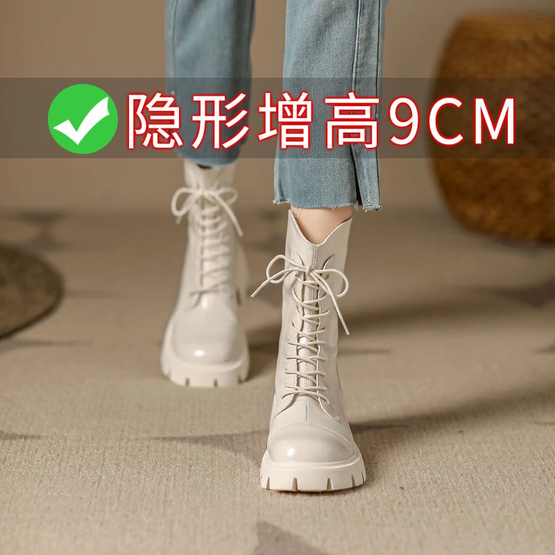 真皮厚底马丁靴女内增高小个子中筒靴2023新款春秋单靴子白色短靴