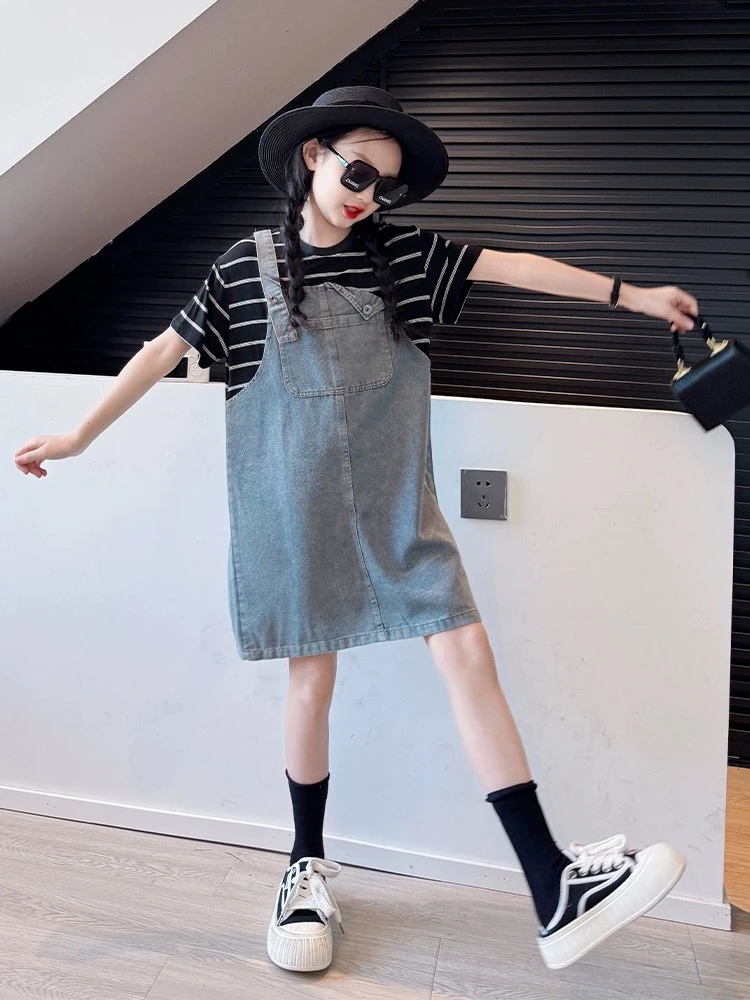 女童牛仔连衣裙夏装新款洋气儿童假两件吊带裙小女孩条纹拼接裙子