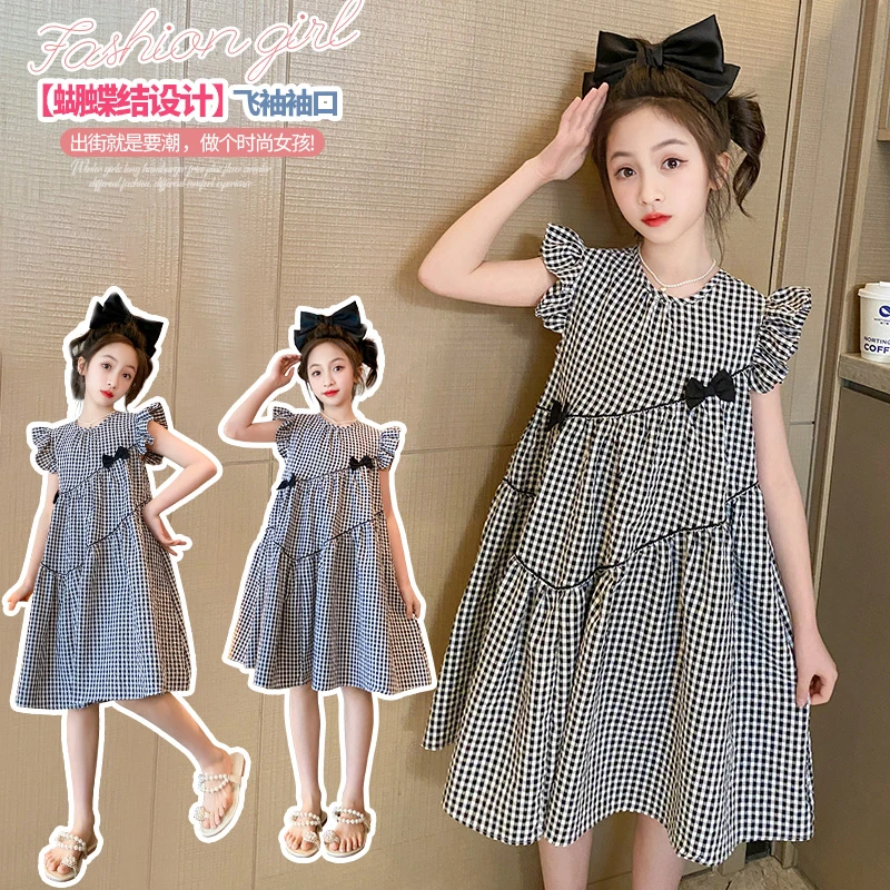 女童连衣裙夏季中大童长裙无袖格子裙小女孩背心裙儿童度假风裙子