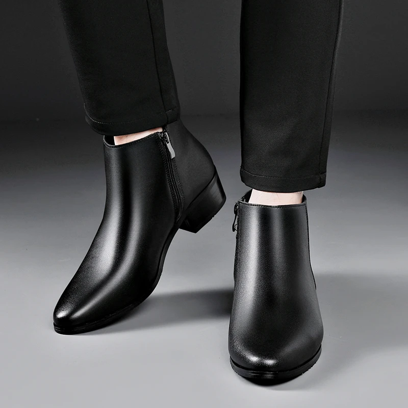 秋冬男士皮靴真皮男靴尖头高帮皮鞋加绒短靴男切尔西靴保暖高跟靴