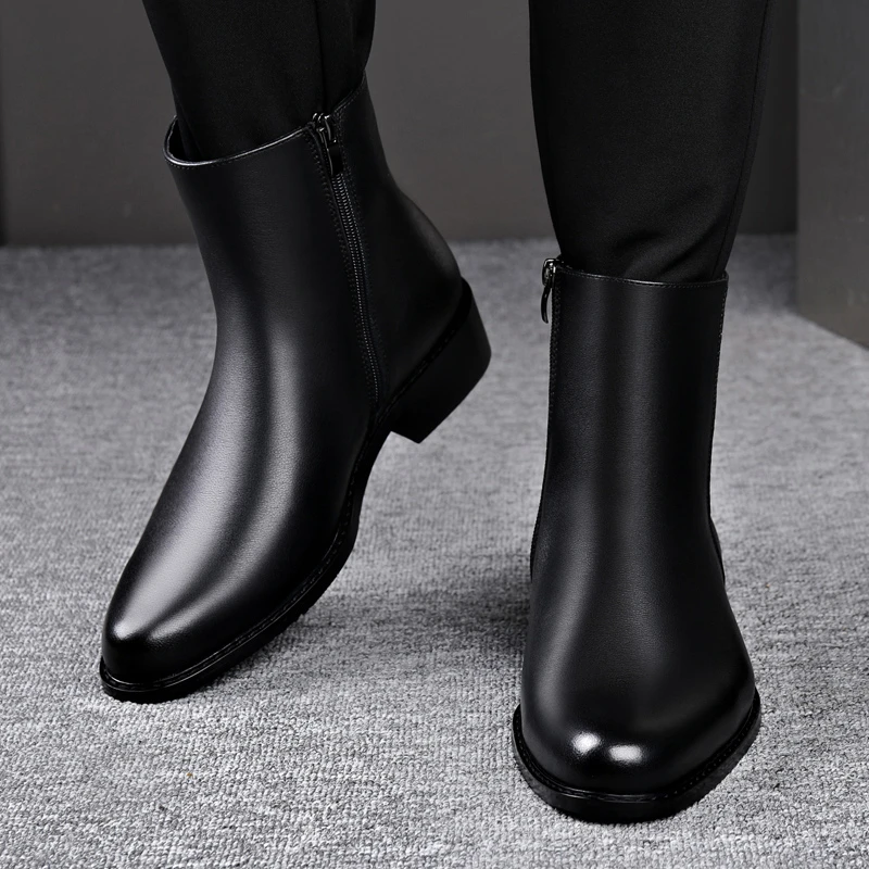 切尔西靴男款真皮冬季加绒尖头皮鞋男高帮马丁靴男士商务拉链皮靴