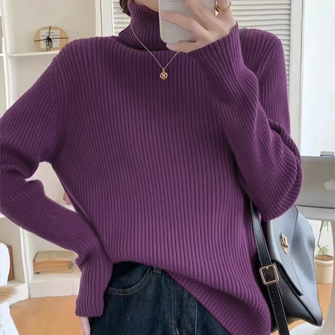 加厚款冬季高领毛衣女宽松慵懒风洋气坑条外穿内搭显瘦打底衫8003