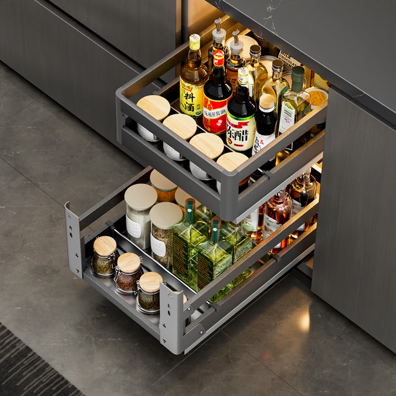 悍高橱柜L调味拉篮抽屉式双层极窄抽拉柜小尺寸厨房调味品置物架