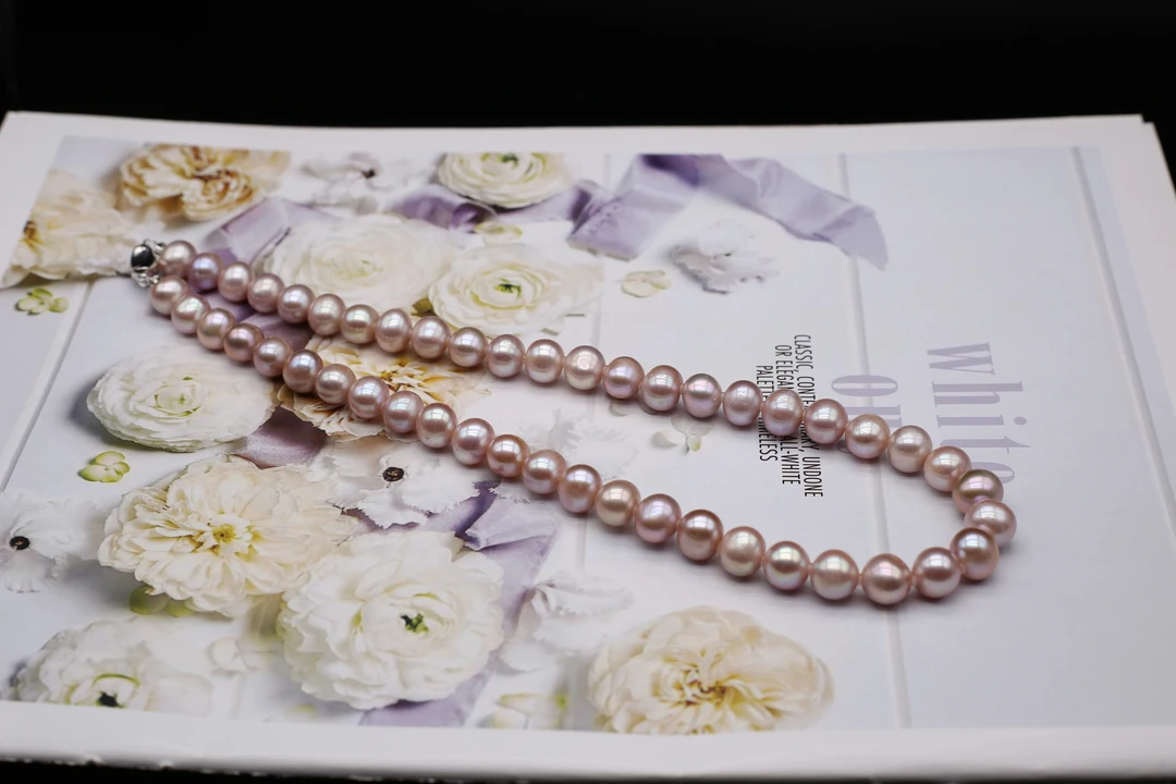 9-10mm天然淡水珍珠紫色近圆微瑕元宝扣