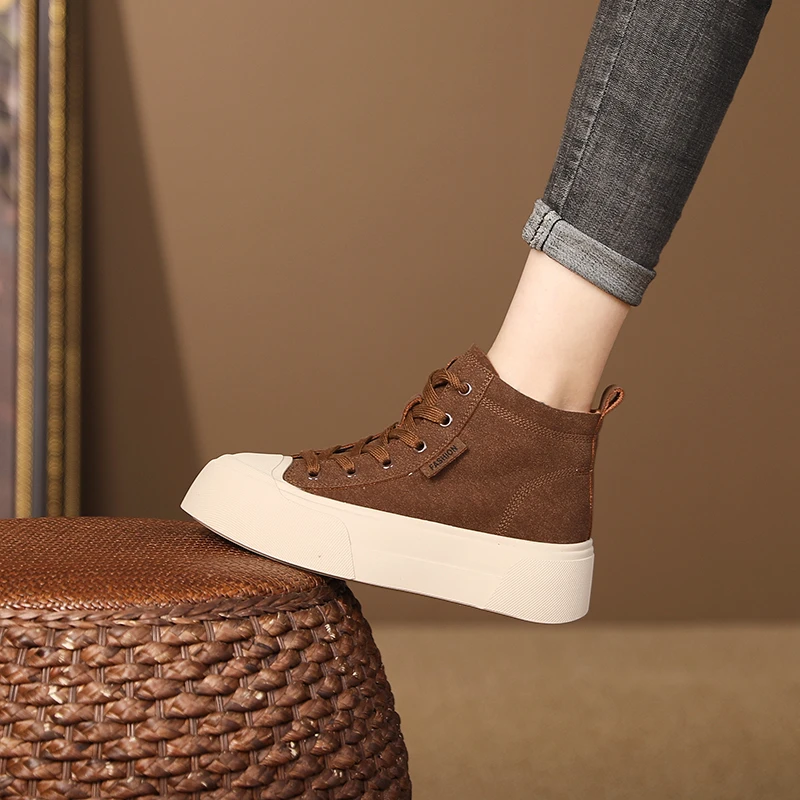 【断码浮力】秋冬新款时尚百搭厚底真皮女鞋高帮休闲系带平底鞋子