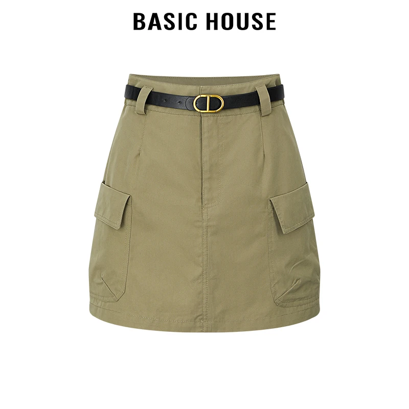 百家好/Basic House咖色高腰单扣宽腰袢工装口袋半身裙女短款裙子