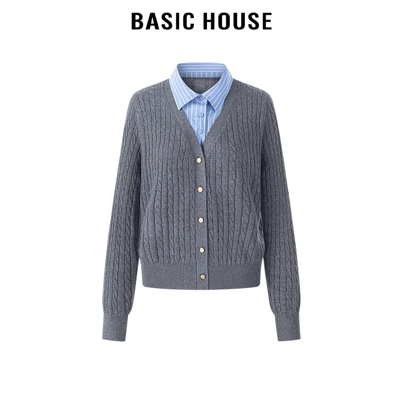 百家好/Basic House条纹衬衫2024拼接绞花针织开衫假两件上衣女秋