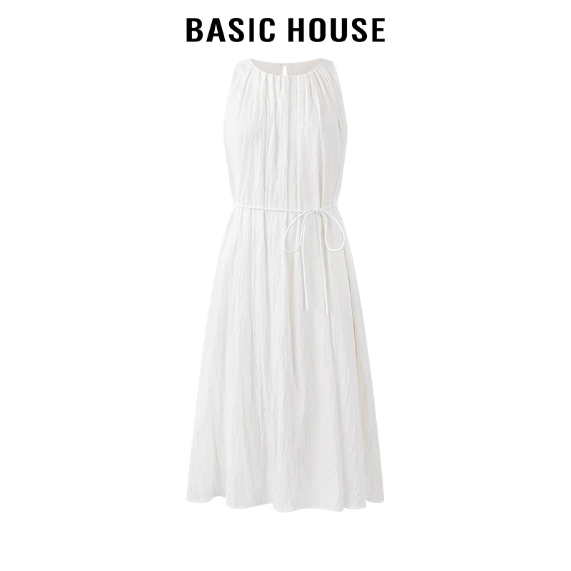 百家好/BasicHouse2024无袖系带收腰长款连衣裙女高级感气质长裙