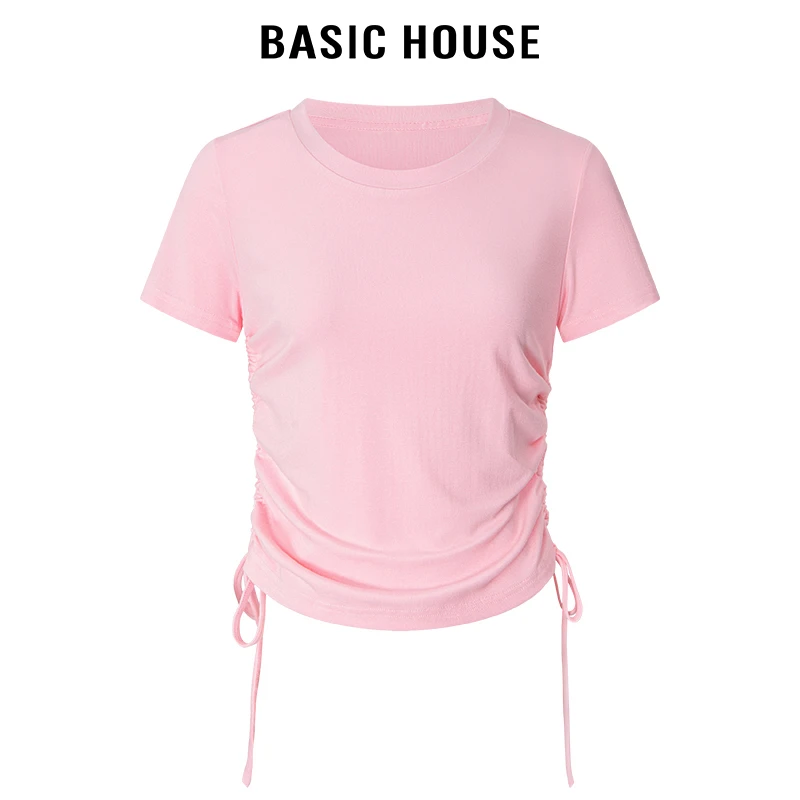百家好/BasicHouse纯色圆领下摆抽绳短袖T恤女褶皱收腰修身上衣
