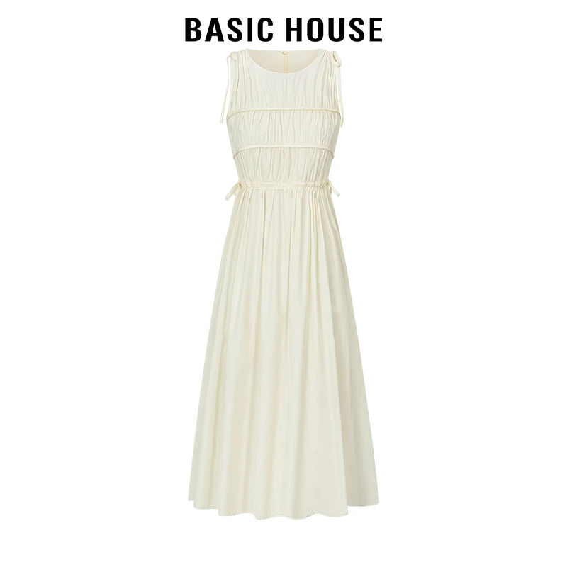 百家好/Basic House杏色圆领拼接系带高腰设计感无袖背心连衣裙女