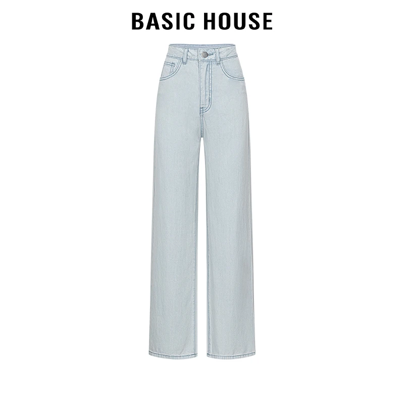 百家好/BasicHouse浅色明线高腰2024年百搭显瘦天丝直筒牛仔裤女