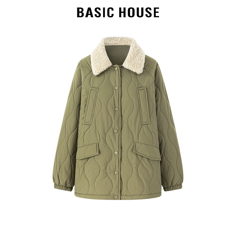 百家好/Basic House拼接翻领棉服外套女冬季新款复古上衣冬