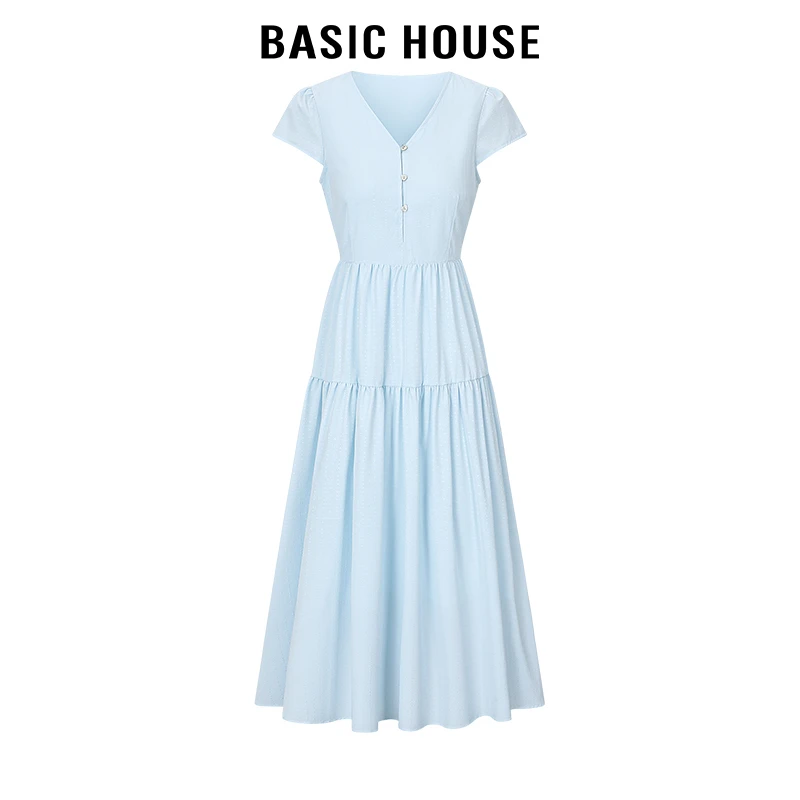 百家好/Basic House法式高级感V领爱心排扣系带连衣裙拼接长裙夏