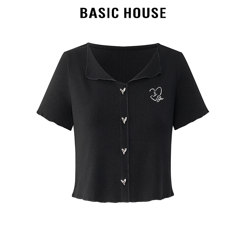 百家好/BasicHouseV领刺绣爱心扣短袖T恤女修身短款百搭上衣夏季