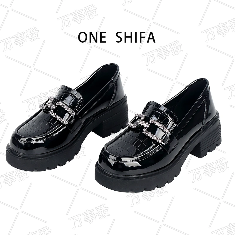 2025春款大钻软底乐福鞋女百搭增高单鞋女士厚底水钻粗跟小皮鞋