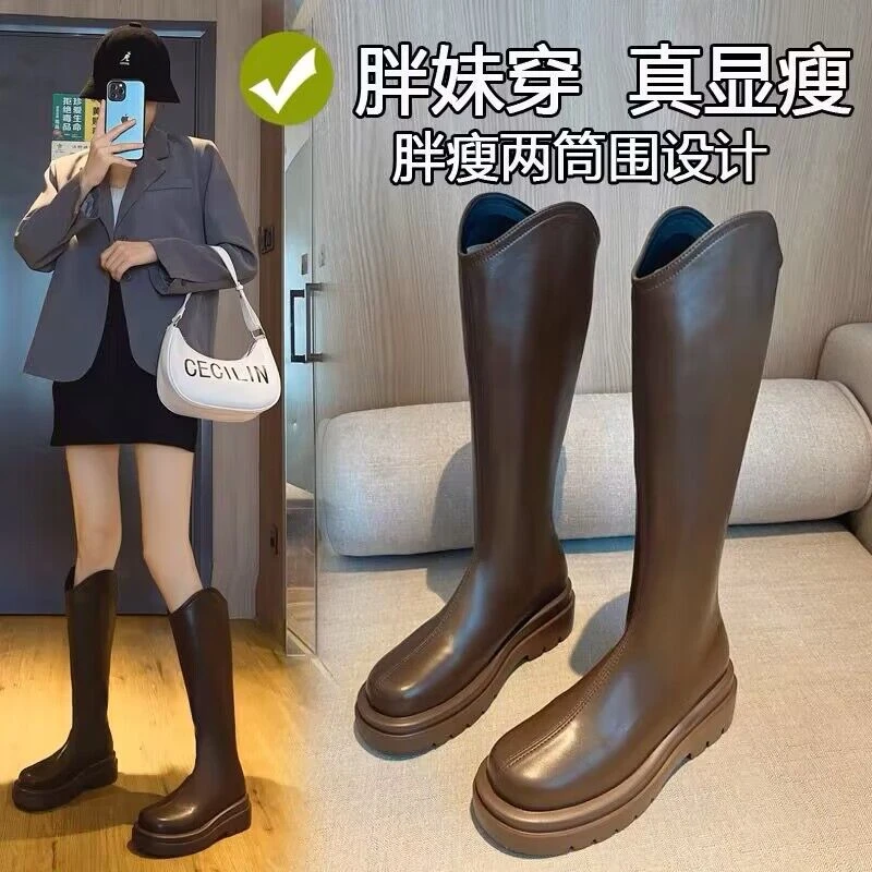 回力潮长筒靴女2023秋冬新款胖mm大筒围v口高筒靴粗腿显瘦骑士靴