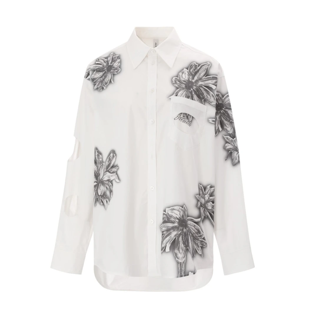 JJJ STUDIO 白色简约黑白艺术感印花气质时尚长袖衬衫 JDWFS1C050