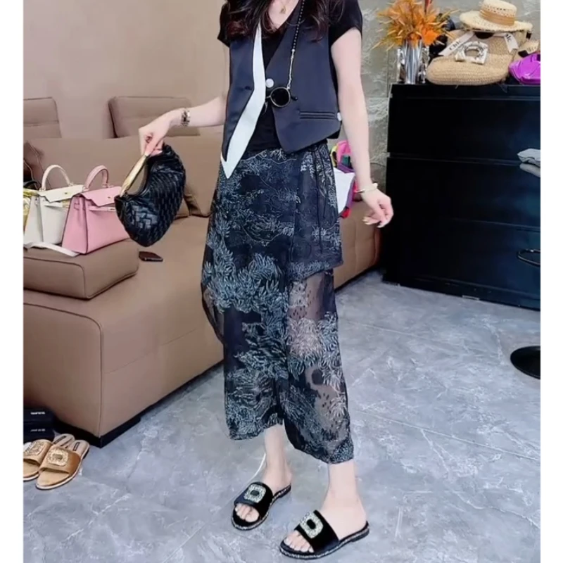 印花休闲裤女夏季薄款大码不规则新中式减龄八分裙裤子胖显瘦款