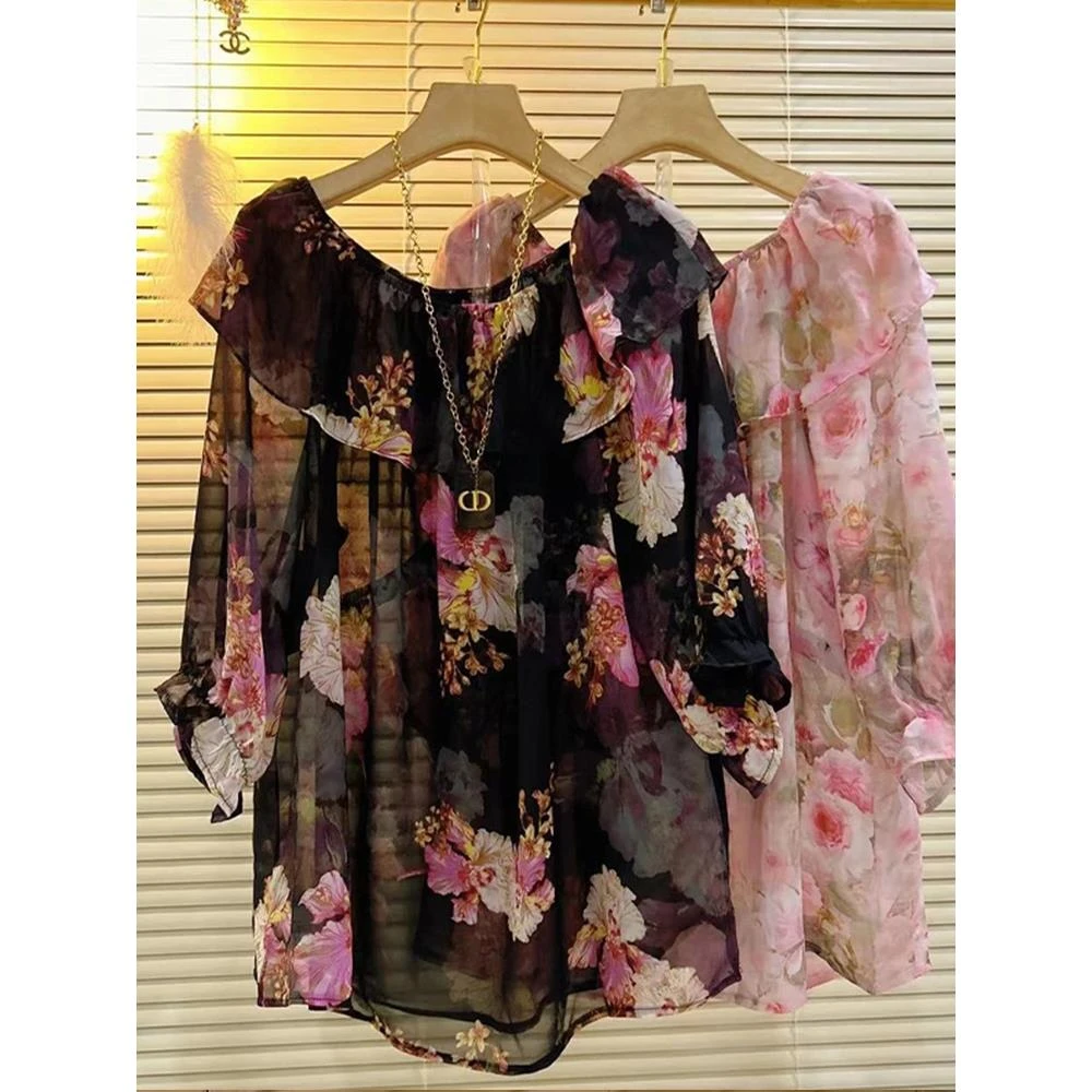 加大码女装披肩领松紧袖口花朵小衫胖妹妹夏季款时尚百搭减龄