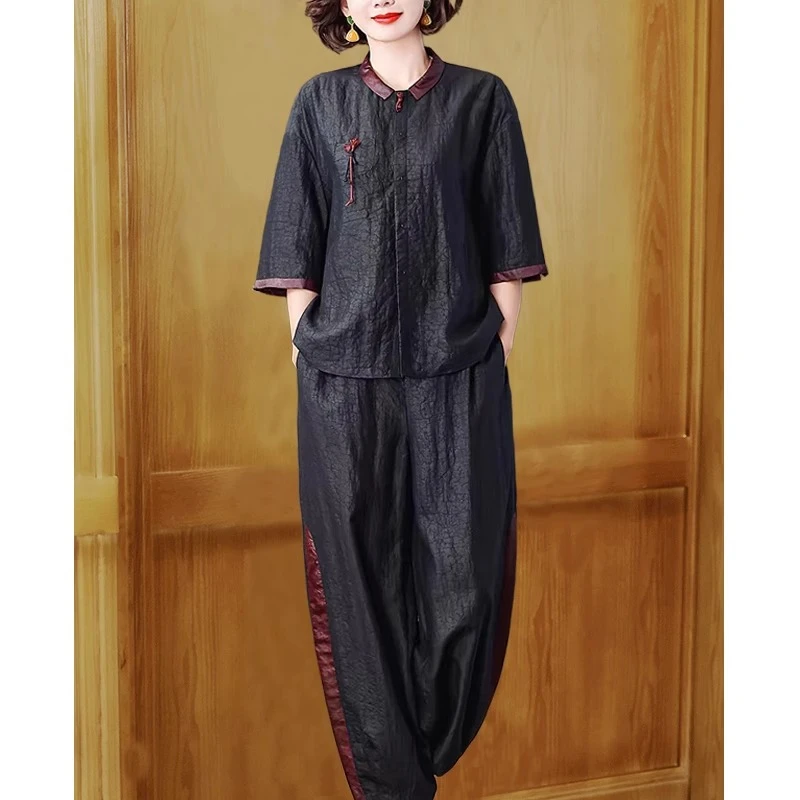 高端龟裂纹桑蚕丝套装女凉爽不贴身夏新款中式复古上衣两件套妈妈