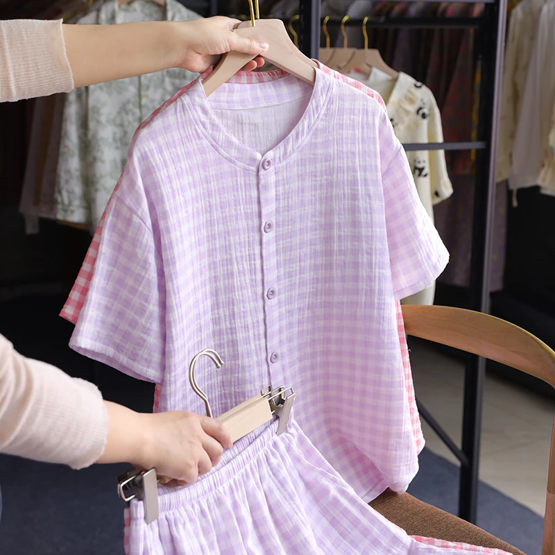 纯棉纱布薄款格子家居服套装 日系格子无印风睡衣女士夏款