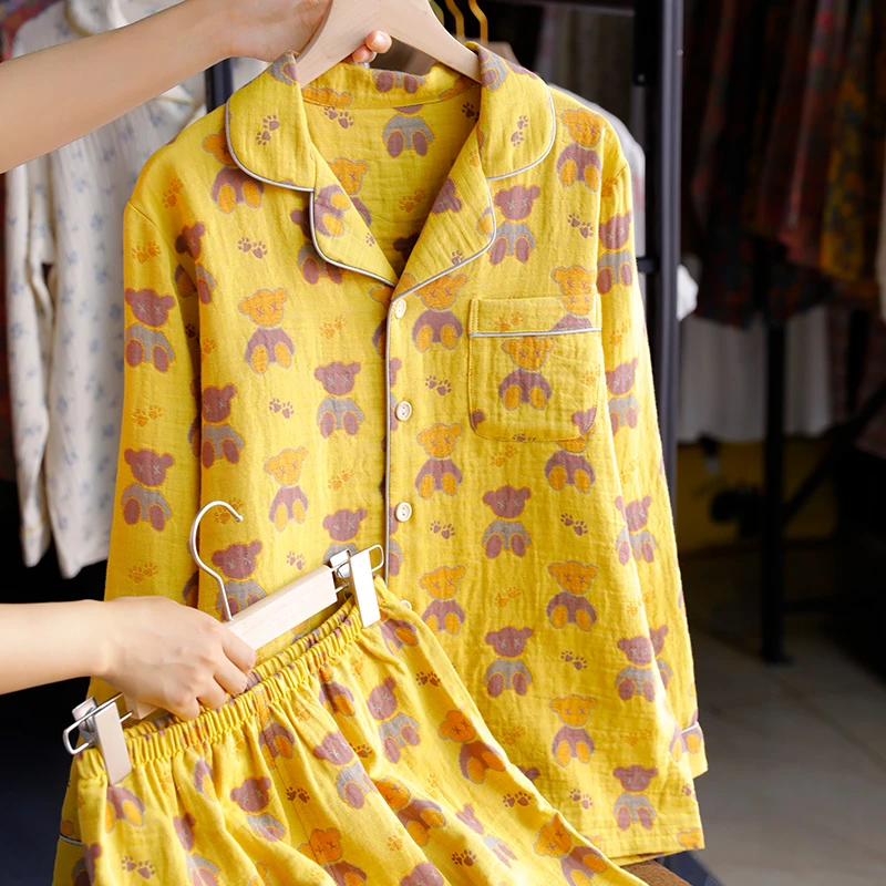 纯棉情侣小熊翻领长袖长裤睡衣套装夏季开衫休闲女款宽松家居服