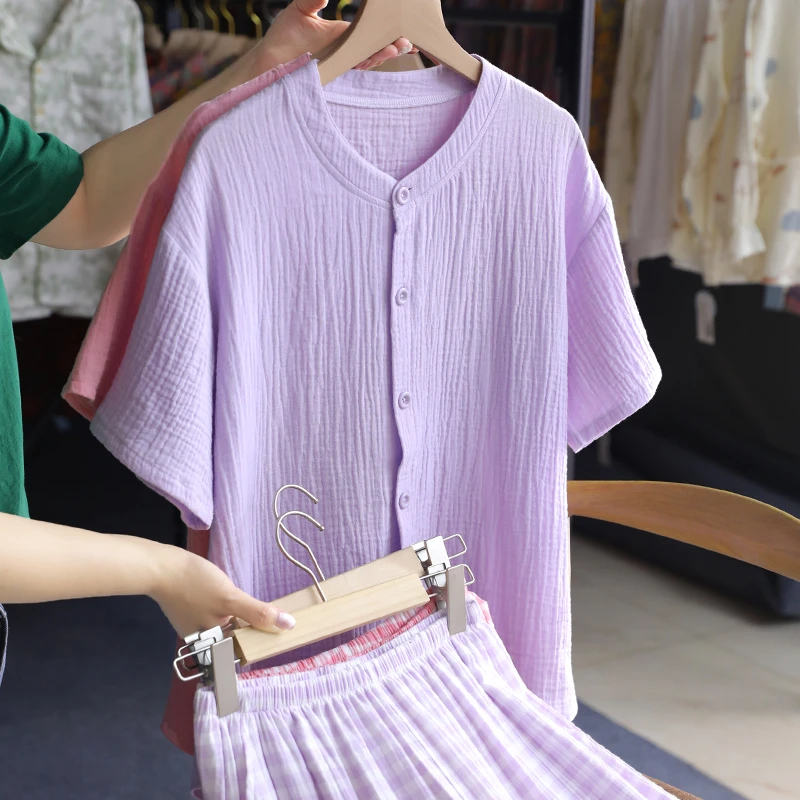 纯棉纱布薄款短袖长裤开衫家居服套装日系纯色无印风睡衣女士夏款