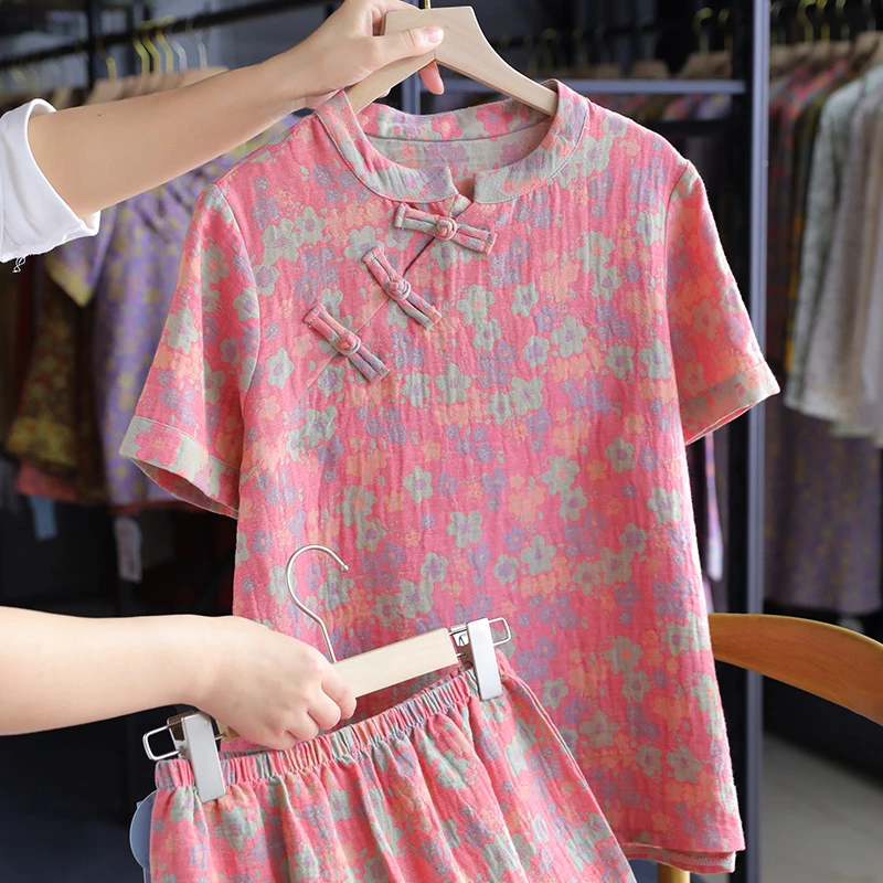 纯棉纱布盘扣睡衣复古女 春夏款短袖短裤小花布宽松家居服两件套