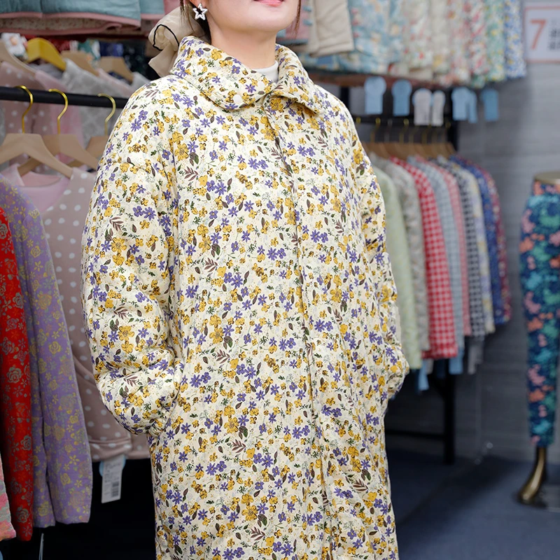 2024秋冬季新款棉花棉袄女 纯棉加厚保暖碎花中长款棉衣棉服