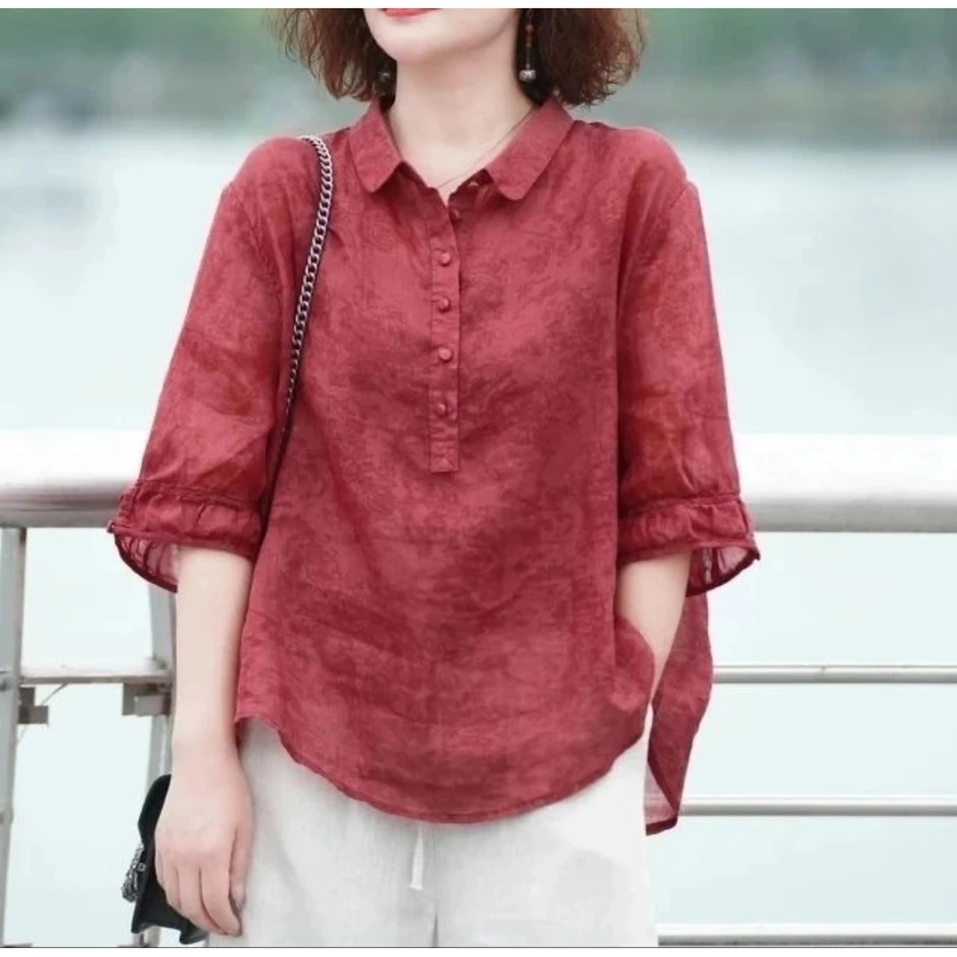 时尚翻领常熟新中式装妈妈上衣2024夏季新款宽松薄款显瘦提花衬衣