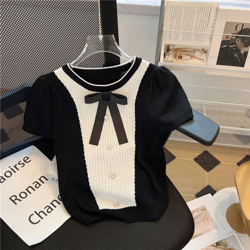 法式拼接短袖针织T恤女夏季新款修身显瘦洋气设计感蝴蝶圆领上衣