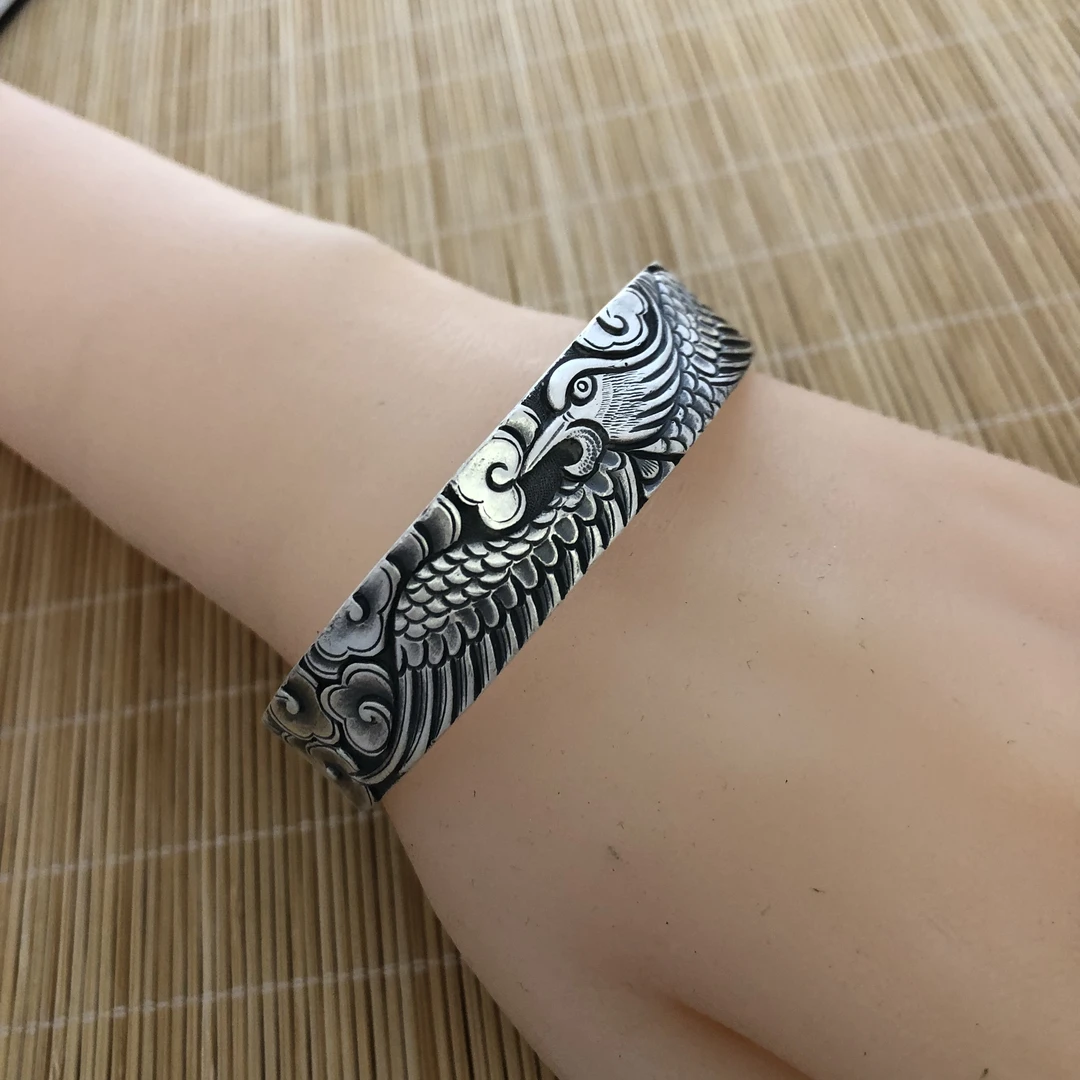 足银手镯 足银999开口手工雕刻，做旧复古凤穿牡丹银镯子时尚纯银