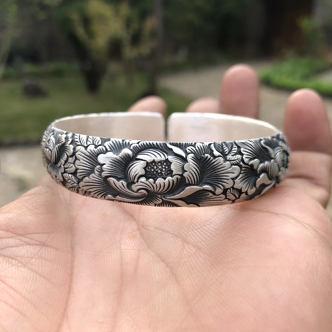 足银手镯 足银999牡丹花开口复古做旧手工民族风传承精雕银手镯
